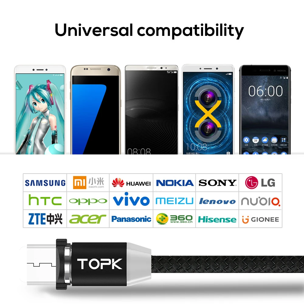 TOPK RLine1 светодиодный магнитный usb-кабель, 1 м и 2 м Магнитный USB type-C кабель и Micro usb кабель и USB кабель для iPhone X 8 7 6 Plus