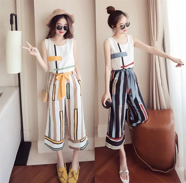 Женский Повседневный комплект из 2 предметов Летний полосатый топ без рукавов с