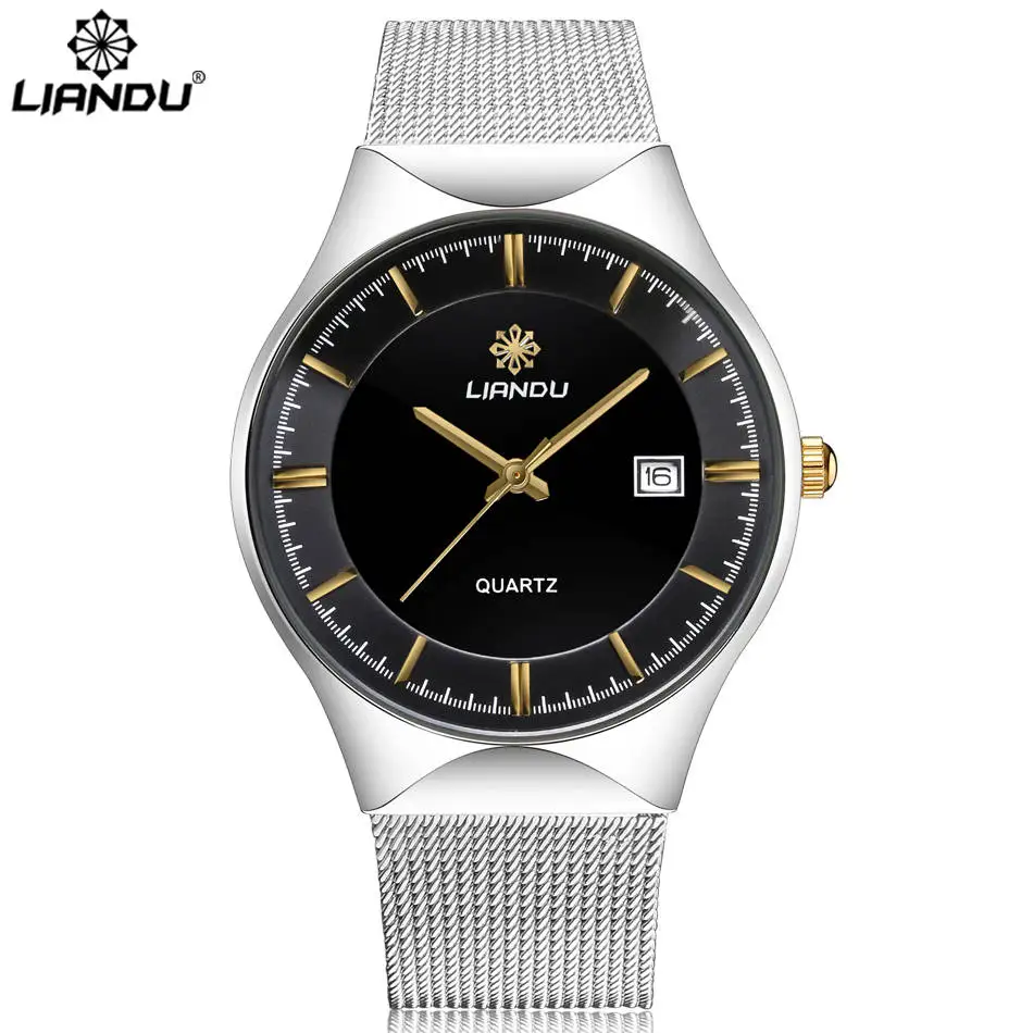 Роскошные мужские кварцевые часы бренда LIANDU из нержавеющей стали с сетчатым