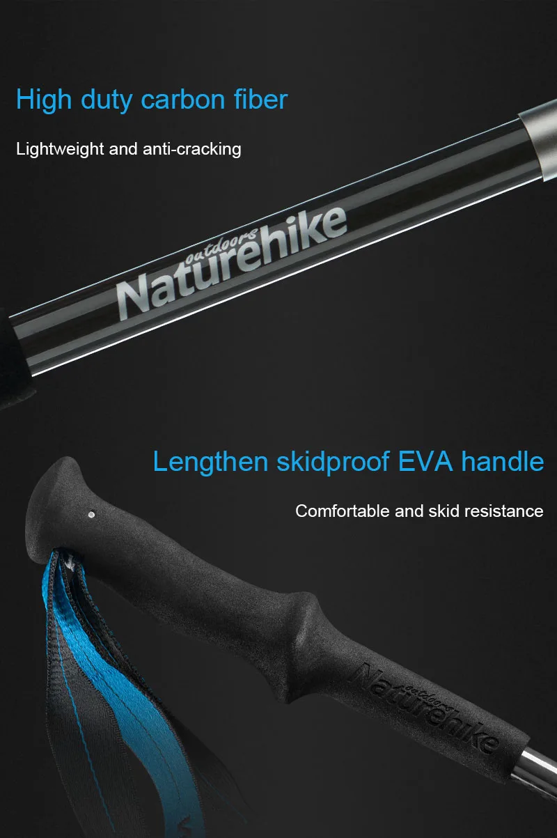 1 Pcs Naturehike Portable Collapsible Carbon Fiber Trekking Poles Quick Lock Compact Folding Walking Stick Tourism Trail Running