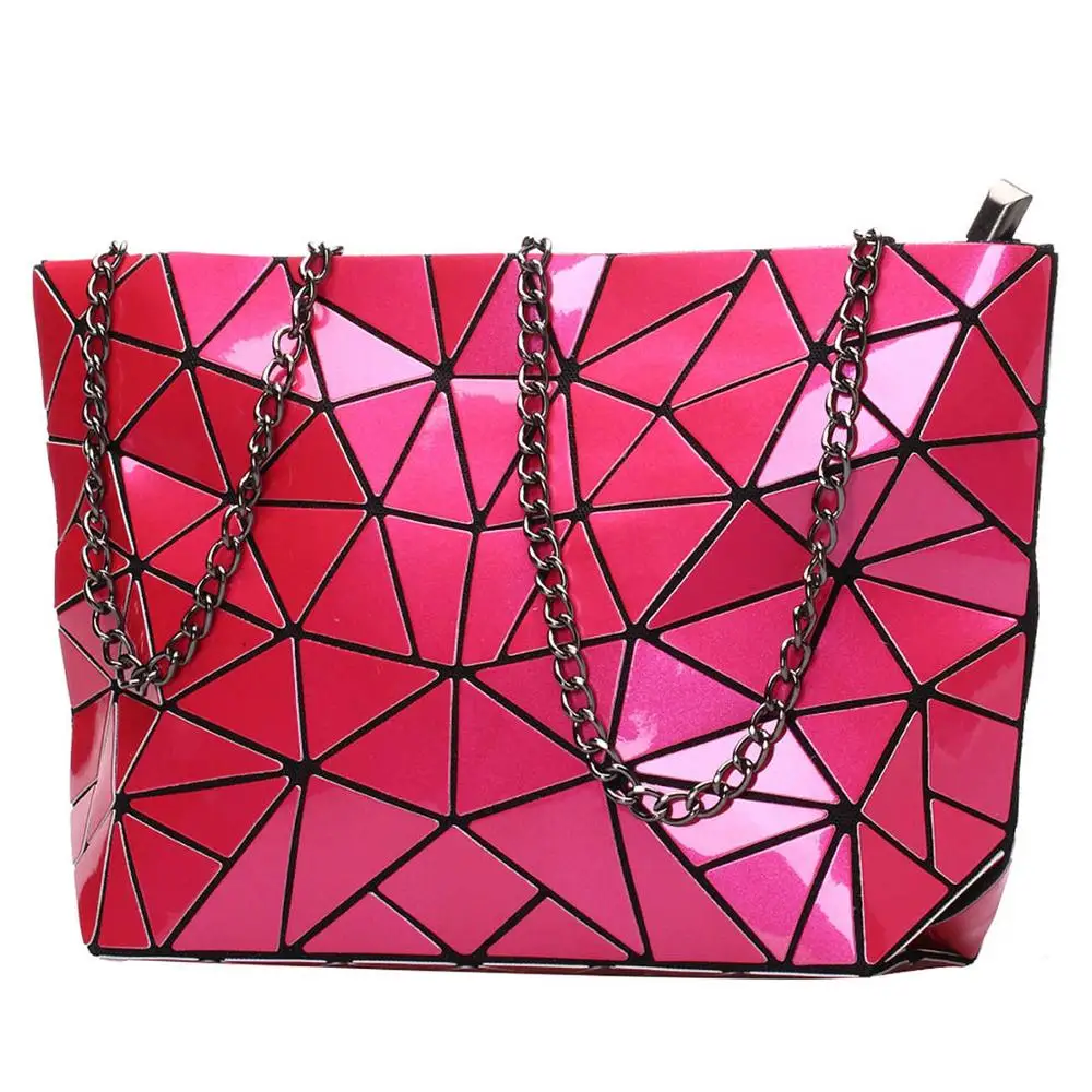 chain hot Pink Модная Складная Повседневная Сумка-тоут женская верхняя одежда с геометрическим узором-ручкой женские Наплечные сумки из полиуретана Дамская ромбовидная сетка с блестками простая дамская сумочка - Цвет: chain hot Pink