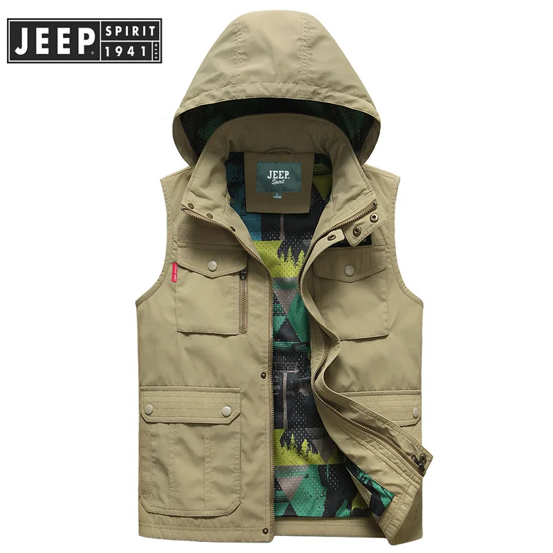 Бренд JEEP SPIRIT, мужской жилет, Повседневный, с капюшоном, воротник, без рукавов, пальто, Мужская Осенняя ветровка, модный жилет, chaleco hombre M-XXXL - Цвет: Хаки