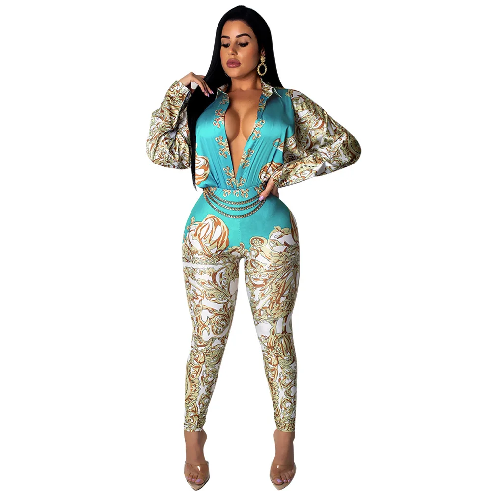 Женский комбинезон с длинным рукавом винтажный Облегающий принтом цепей