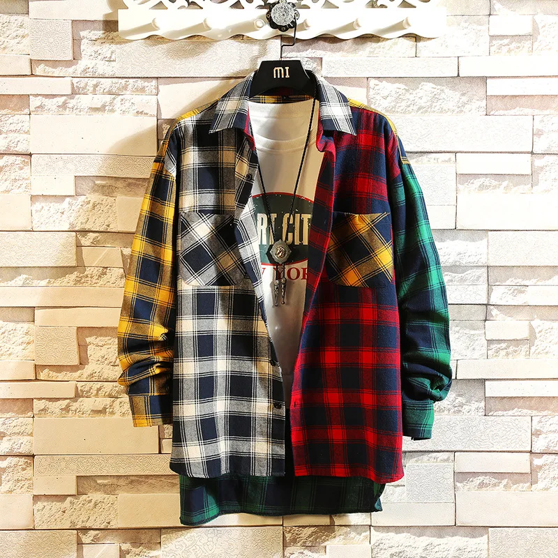 2019 Personality Korean Version of The Trend Color Matching Slim Fit Plaid Shirt Men Casual Hip Hop Loose Long-sleeved Shirts | Мужская