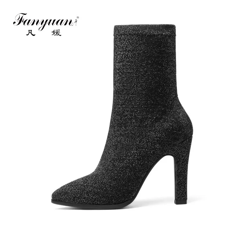 

fanyuan Women Shoes mid calf Boots Fashion Stretch Fabric Thin High Heel Pointed Toe Sock Boots Winter Women Boots Size 34-43