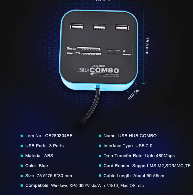 BinFul usb-хаб 2,0 480 Мбит/с USB комбинированный Кардридер Все в одном Мульти USB разветвитель для MS, M2, SD/MMC, TF портативный для портативных ПК