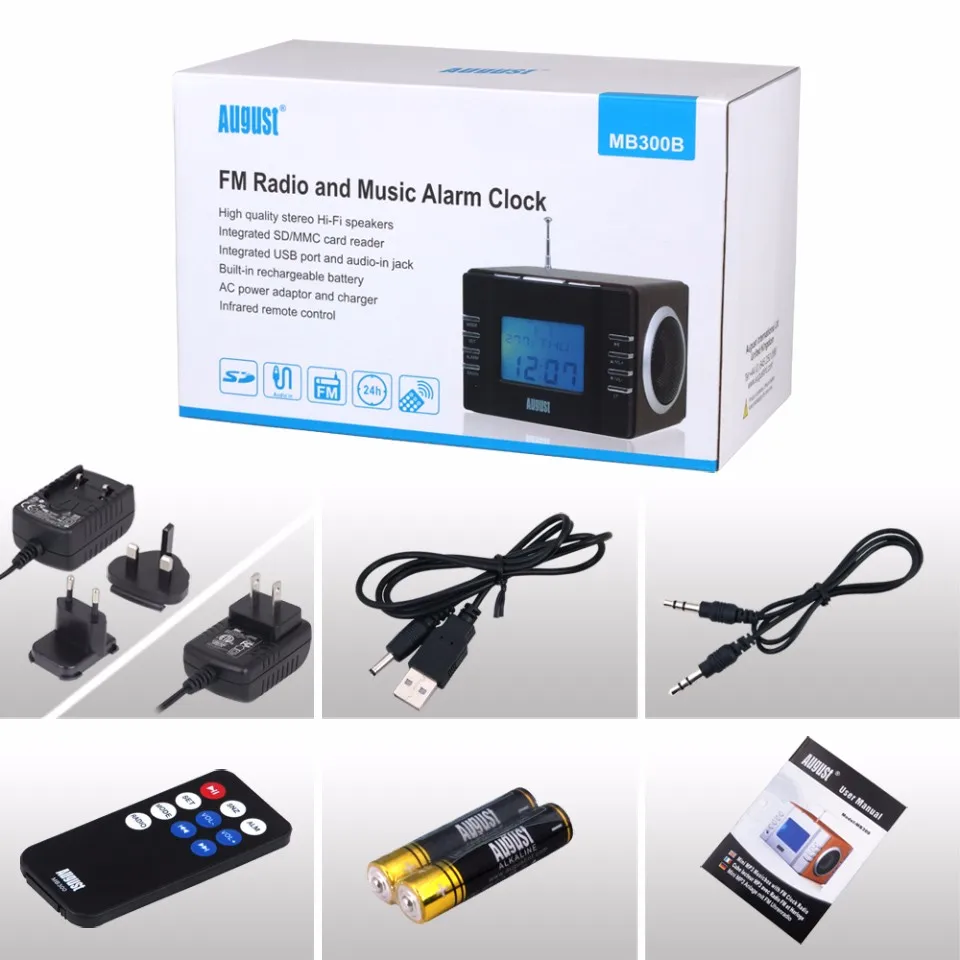 August MB300 деревянная мини стереосистема MP3 и FM радиочасы с SD картридером, разъемами USB и AUX(3.5 мм аудиовход), двумя громкими Hi-Fi динамиками, со встроенным аккумулятором и пультом управления