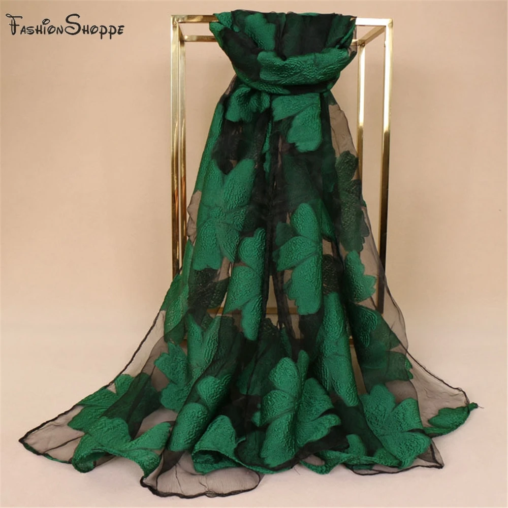 Шелковистый шарф для женщин роскошный хиджаб с цветочной вышивкой длинный