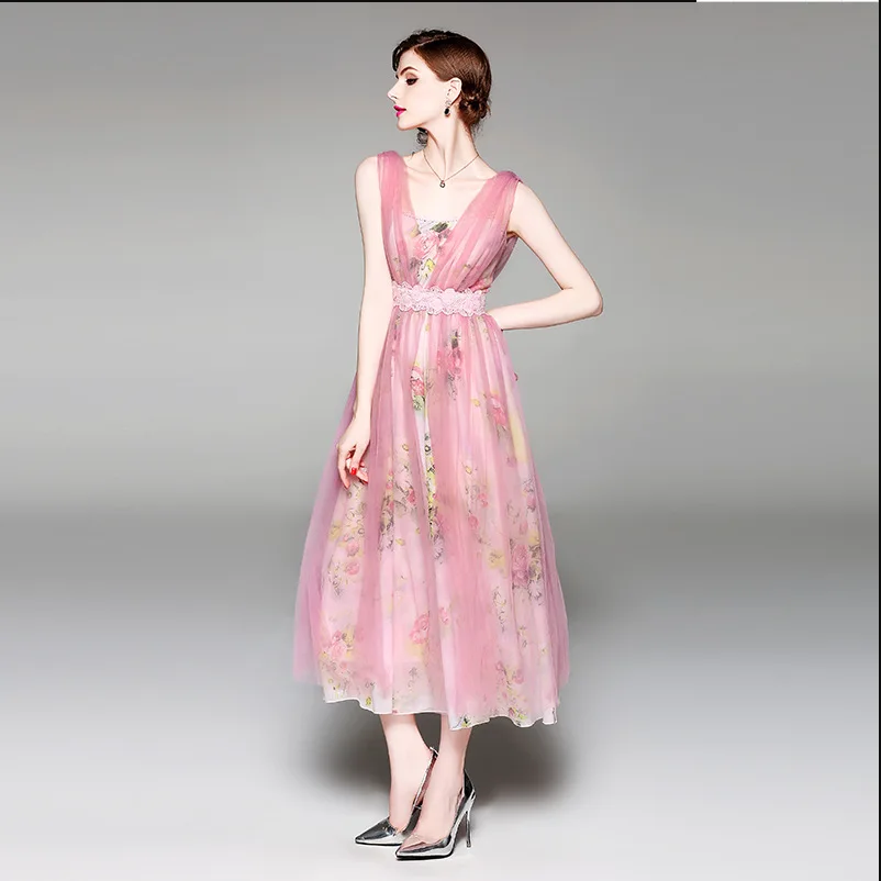 

Женское шифоновое газовое платье, дизайнерское платье макси с цветочным принтом, кружевное платье с поясом, комплект из 2 предметов, лето 2019