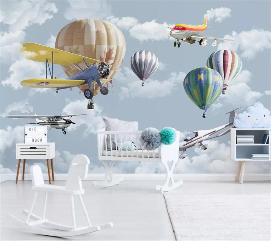 wellyu Nordic minimalist hand-painted wallpaper cartoon airplane balloon children's room TV background custom 3d photo | Обустройство