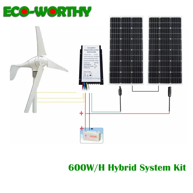 ECOworthy 24V 600W soalr комплект ветровой гибридной системы: 400W генератор турбины + 200W моно
