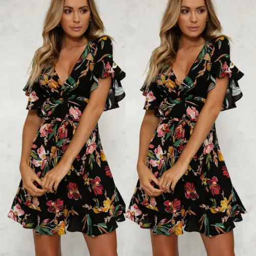 Женское пляжное платье с цветочным принтом BOHO вечерние платья мини коротким