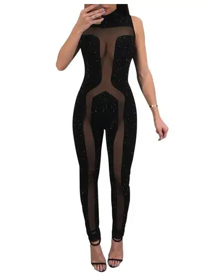 Стразы женский комбинезон без рукавов прозрачная сетка лоскутный клубный