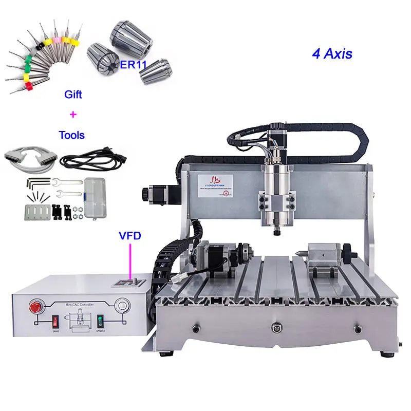 

800W Ball Screw Mini CNC Router Engraver 6040 4 Axis CNC Milling Cutting Machine with ER11 Collet Chuck Drilling Bits