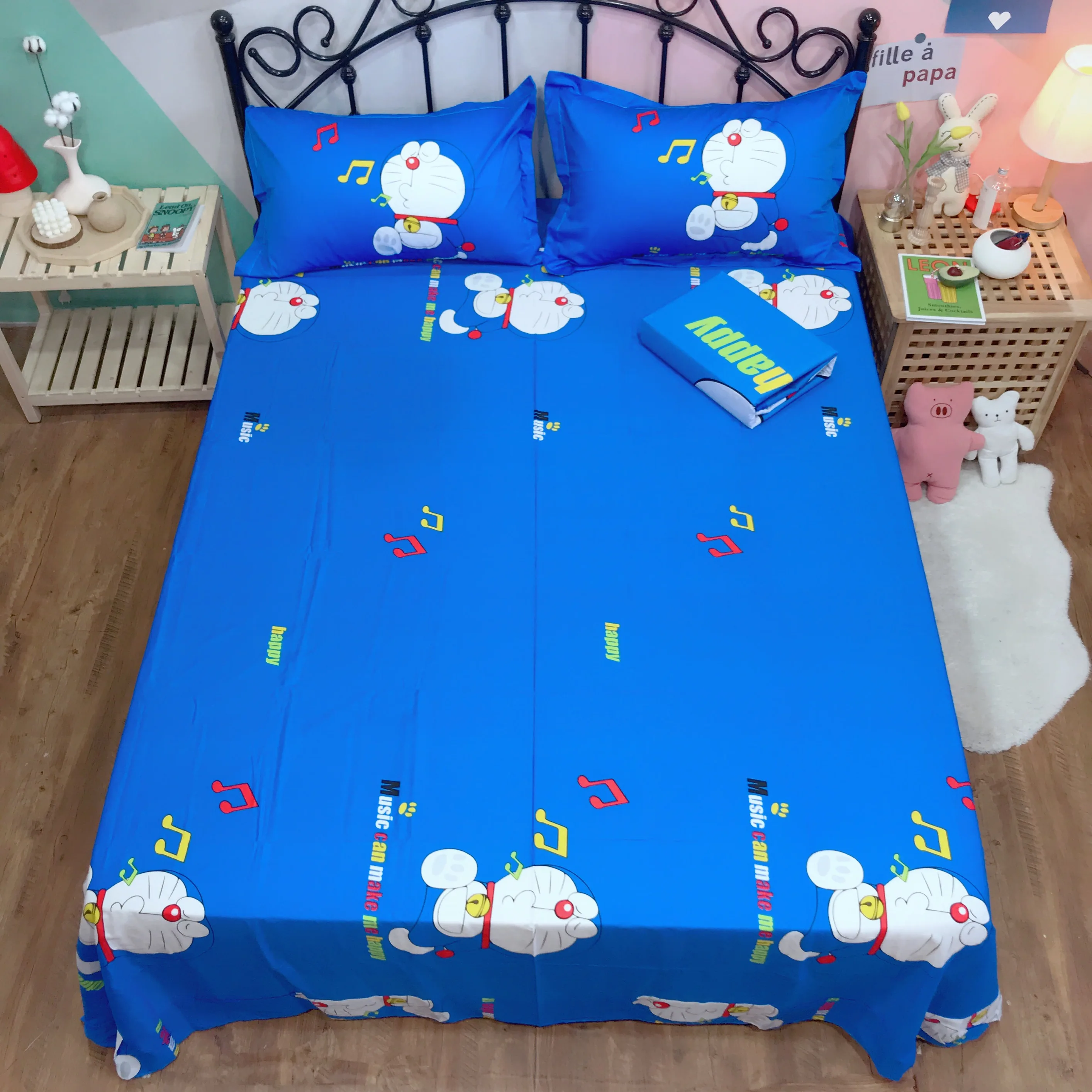 Постельное белье с аниме набор Doraemon Дети чистый хлопковое стеганное одеяло двойной королева король милый пододеяльник плоский лист музыка постельное белье