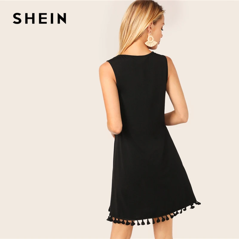 SHEIN Платье-туника без рукавов с кисточками, Boho, черное, однотонное, с бахромой, лето, круглый вырез, без рукавов, прямые платья
