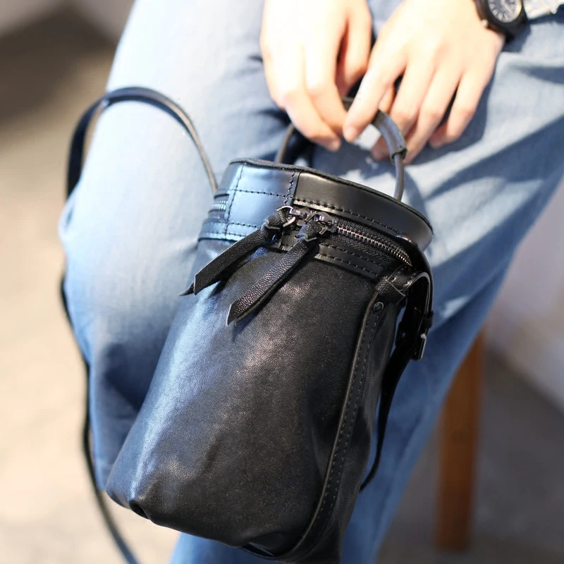 EUMOAN Black sheepskin diagonal package original designer handbags tide hand retro leather handbag bucket bag shoulder | Багаж и сумки