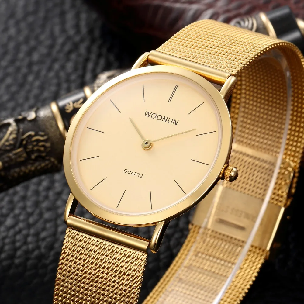 Роскошные мужские часы золотые кварцевые с сетчатым браслетом из нержавеющей