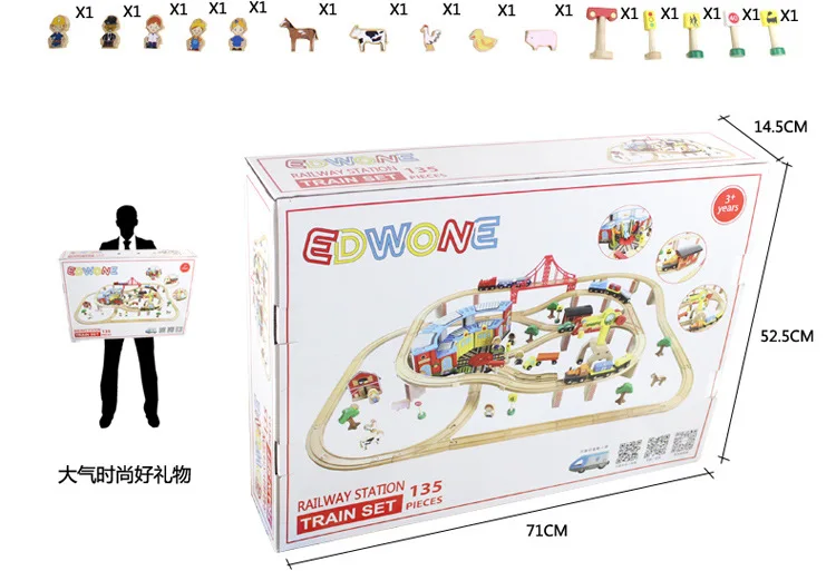 Item with box EDWONE 6в1 168 шт. большой набор Магнитный Электрический поезд трек набор Деревянный Железнодорожный трек слот DIY fit Thomas and Brio подарки для детей - Цвет: Item with box
