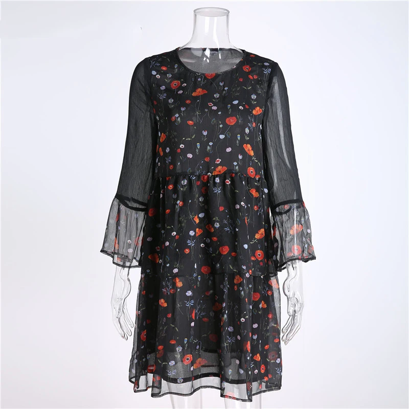 Summer Chiffon Floral Print Women Dress Sexy Female Voile Long-Sleeve Double Ruffle Elegant Casual Short Plus Size Party Dresses | Женская