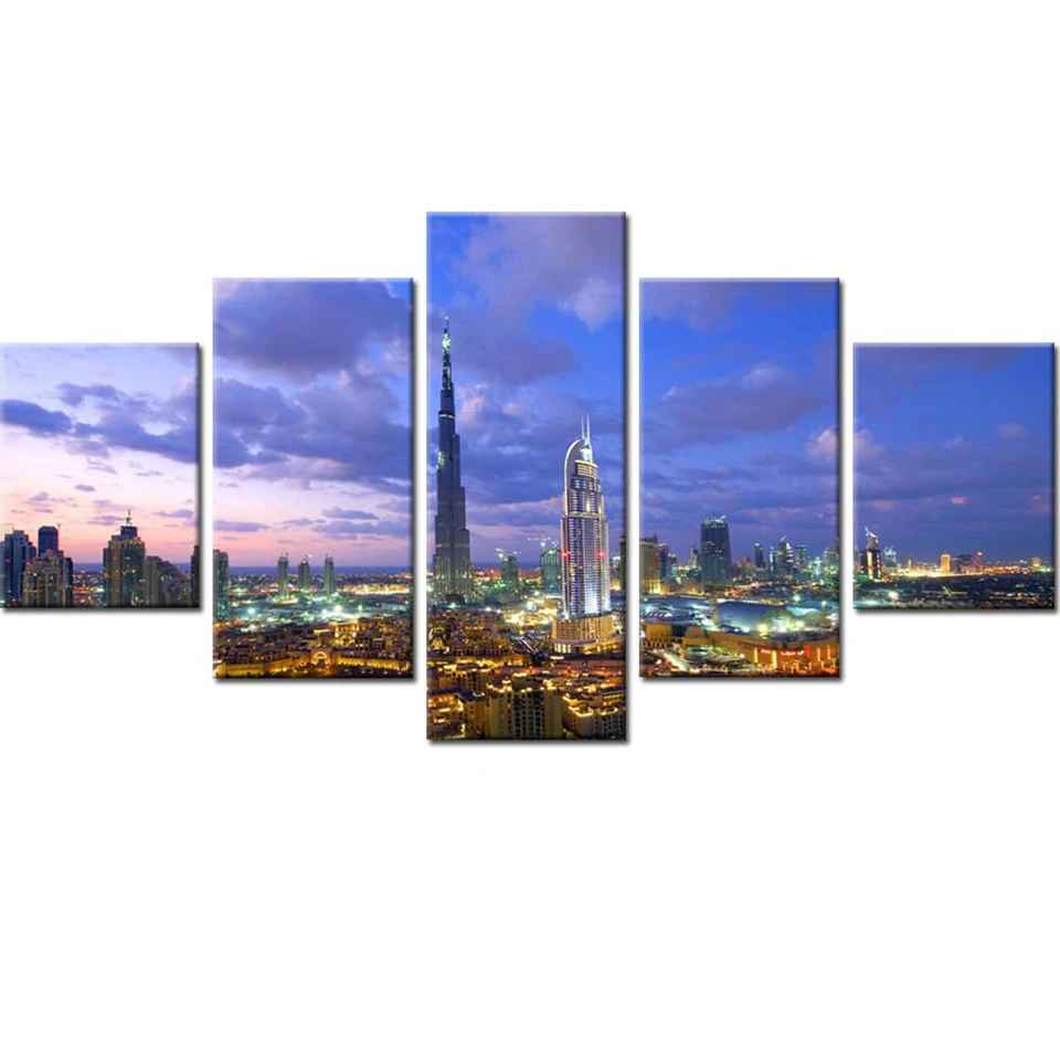 Модульные картины на холсте HD в рамке настенная живопись 5 панелей Burj Khalifa ночное