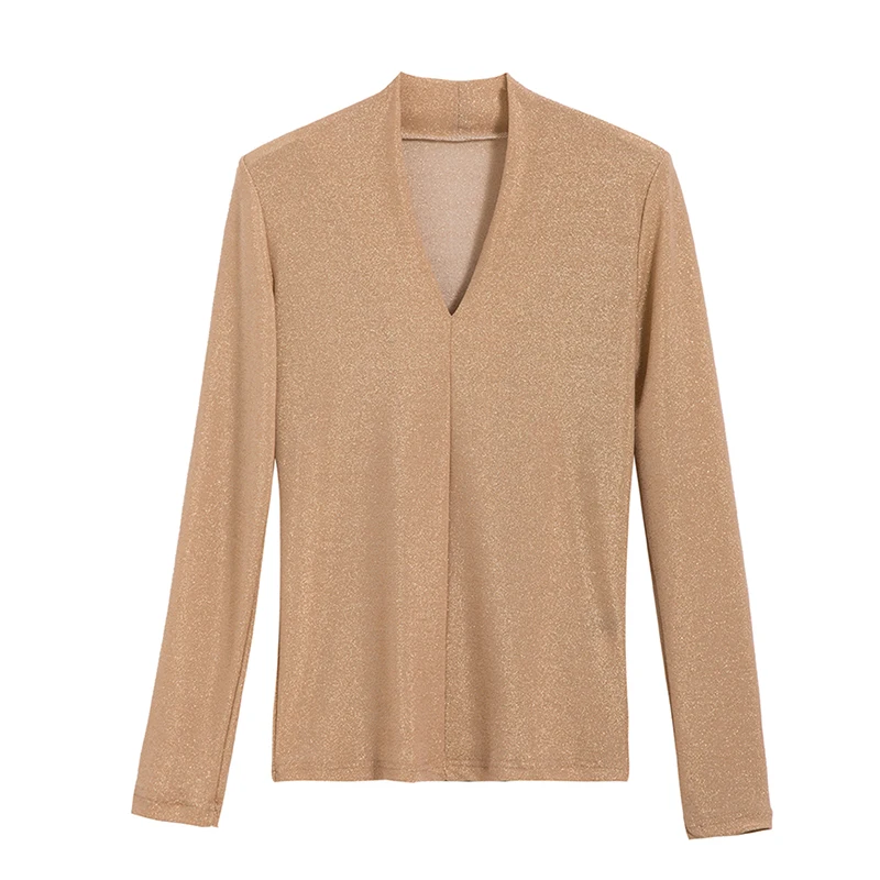 Новинка Весна 2019 блестящие сетчатые Футболки с длинным рукавом и v-образным