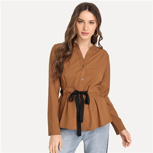 Camel Dotfashion Camel, Женская однотонная блузка с завязками на талии, топы и блузки с длинным рукавом, v-образный вырез,, осенняя одежда, рубашка с планкой - Цвет: Camel