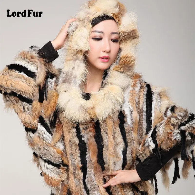 Женская шаль из натурального кроличьего меха TopFurMall с капюшоном лисьего и