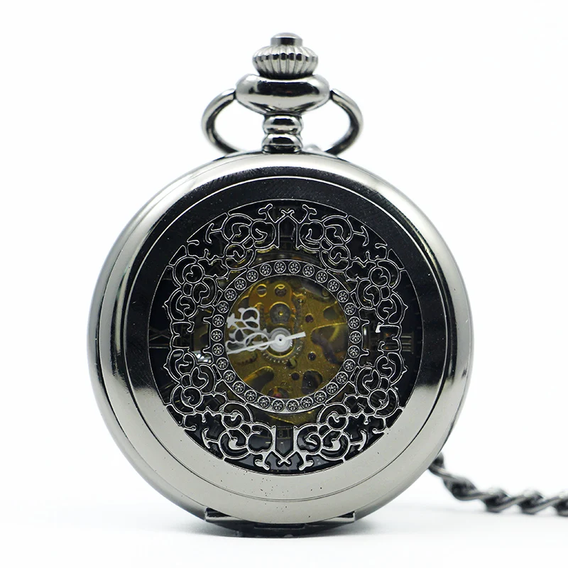 Black Exquisite Pattern Hollow Relief Fashion Mechanical Pocket Watch Retro Roman Numerals Steampunk Fob Chain Men's Watch