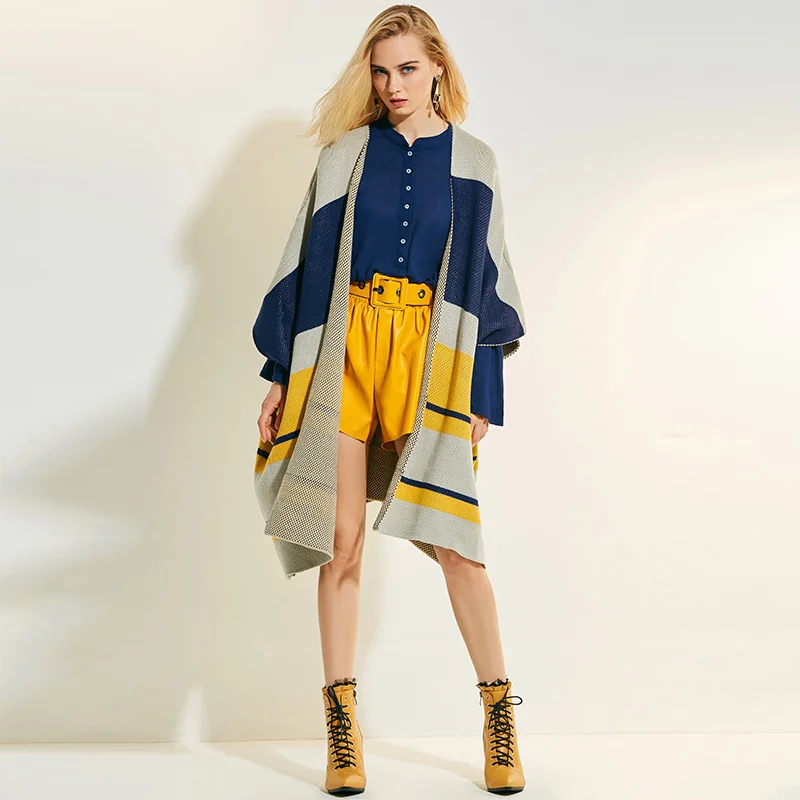 woman spring Sweater Knitting cardigan coat loose jumper fashion outwear Striped knitted warm Autumn casual cape sweater |
