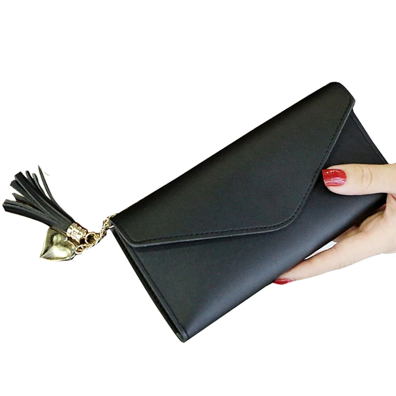 

Tassel Long Wallet Women PU Leather Leisure Purse Female Slim Classic Design 2 Fold Solid Women Wallets Coin Purse-Black