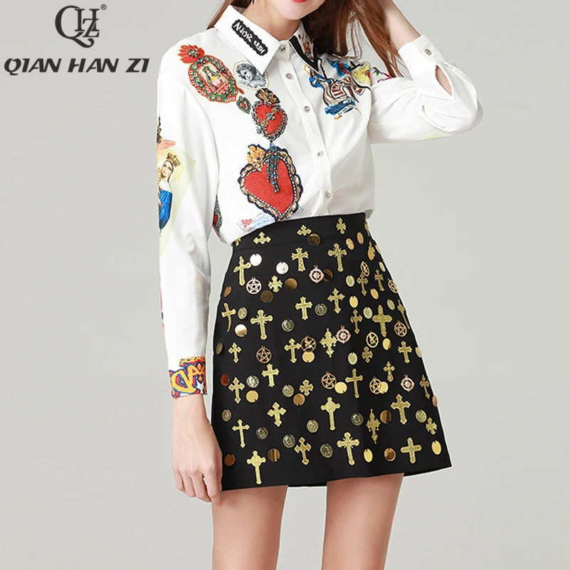 

Qian Han Zi Fashion Shirt Two Pieces Set Women Long Sleeve Printed Crystal Top/Blouses+Embroidered Black Bodycon Skirt Sets Suit