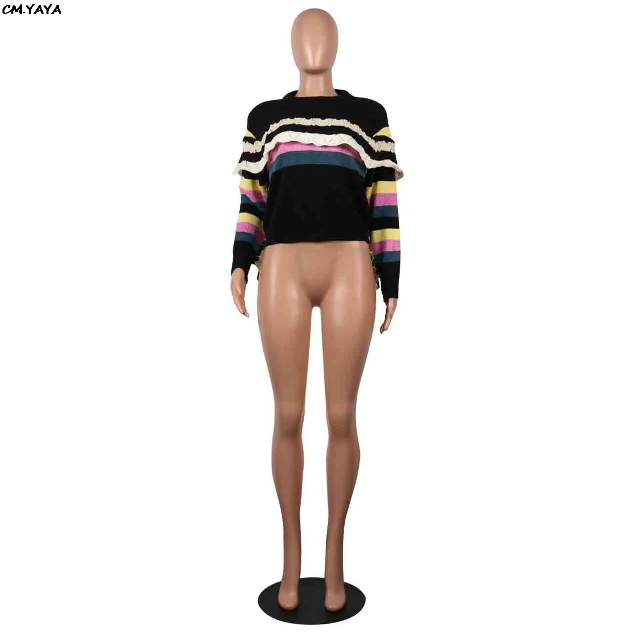 2019 women new summer knitted ruffles splicing long sleeve rainbow stripes patchwork vintage sweater tops GLM814 | Женская одежда