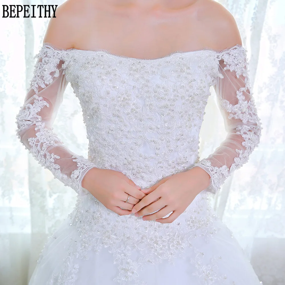 Женское свадебное платье BEPEITHY кружевное с длинным рукавом и бусинами на заказ 2019