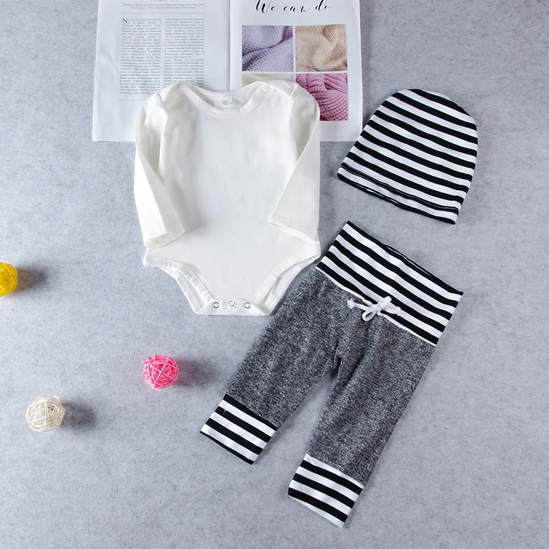 

Newborn Kid Baby Boy Girl Long Sleeve Solid Color Romper+Gray Striped Pants Bebe Children Clothes Set