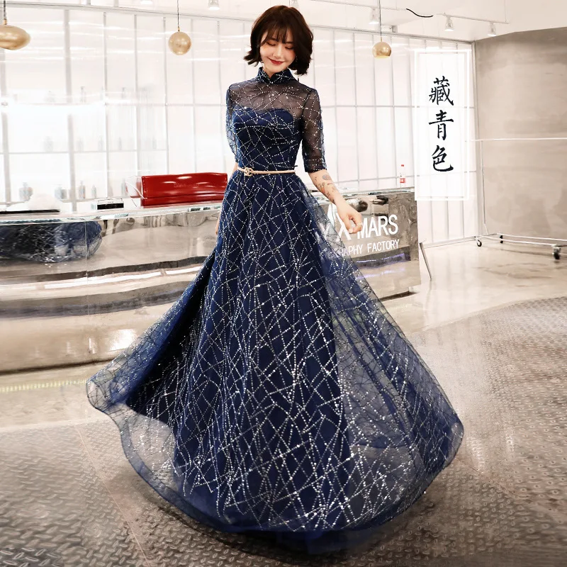 navy blue Вечернее платье трапециевидной формы с коротким рукавом, сияющее синее Новое модное вечернее платье для выпускного вечера, элегантные женские вечерние платья в пол на молнии E066 - Цвет: navy blue