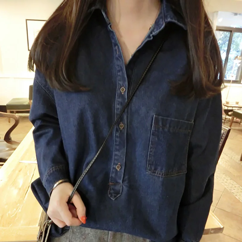 Женская Повседневная рубашка темно синяя джинсовая блузка с длинным рукавом