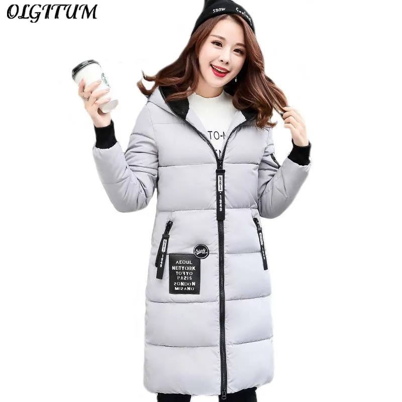 

OLGITUM hot sale! 2019 Winter New Fashion Long Coat Slim Hooded Warm Jacket Cotton Padded Zipper Plus Size Outwear