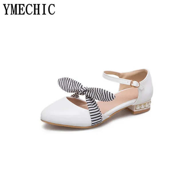 Женские туфли мэри джейн YMECHIC белые розовые бежевые на низком каблуке с бантиком