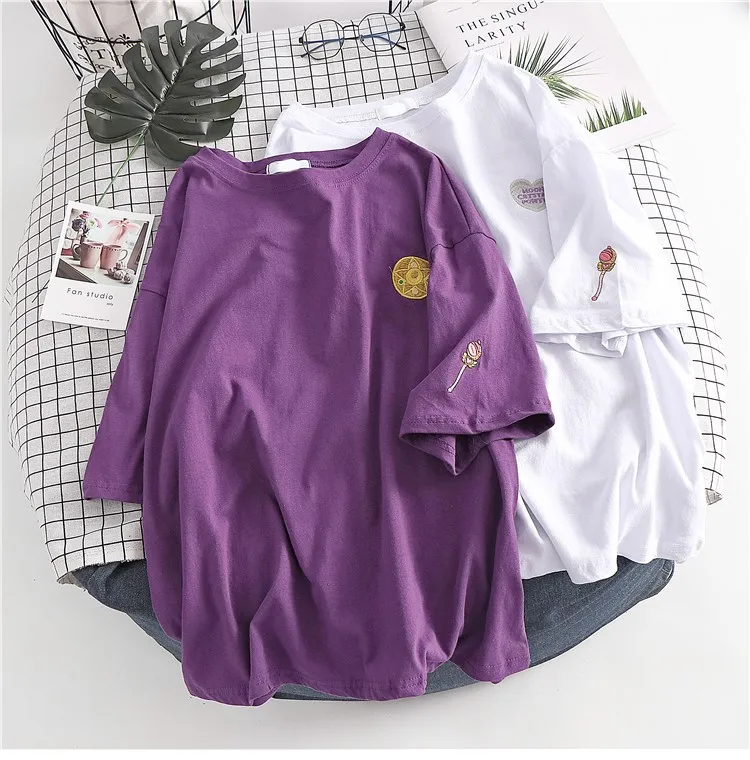 Фиолетовый Harajuku Ulzzang Сейлор Мун футболка Топы женские Sumemr свободный стиль Луна кошка вышивка футболки уличная Tumblr - Цвет: Фиолетовый