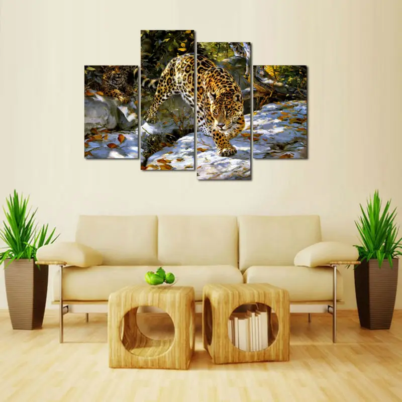 4 панели леопардовая картина Настенная печать на холсте для домашнего декора
