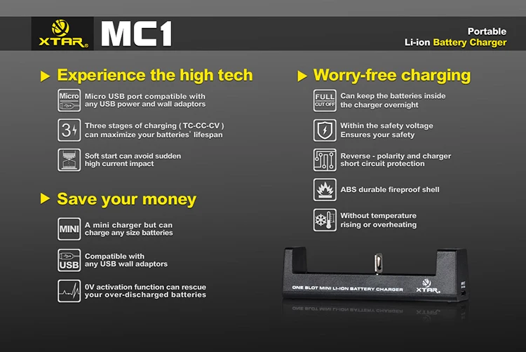 Универсальное интеллектуальное зарядное устройство XTAR MC1 USB для литиевых батарей