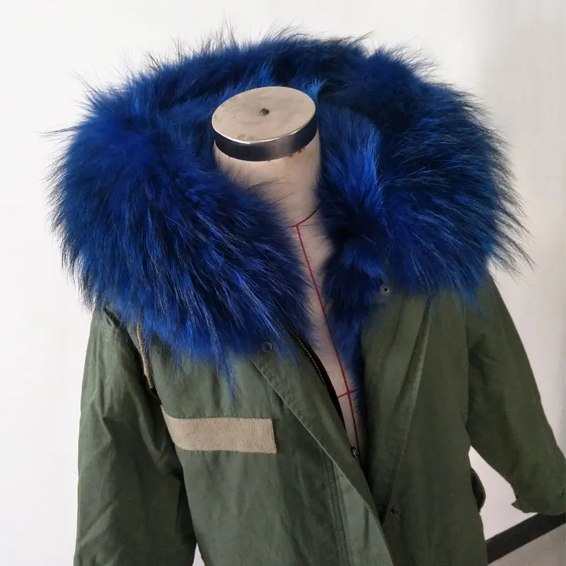 Женская меховая куртка Mrs синяя длинная парка с большим капюшоном из меха енота и