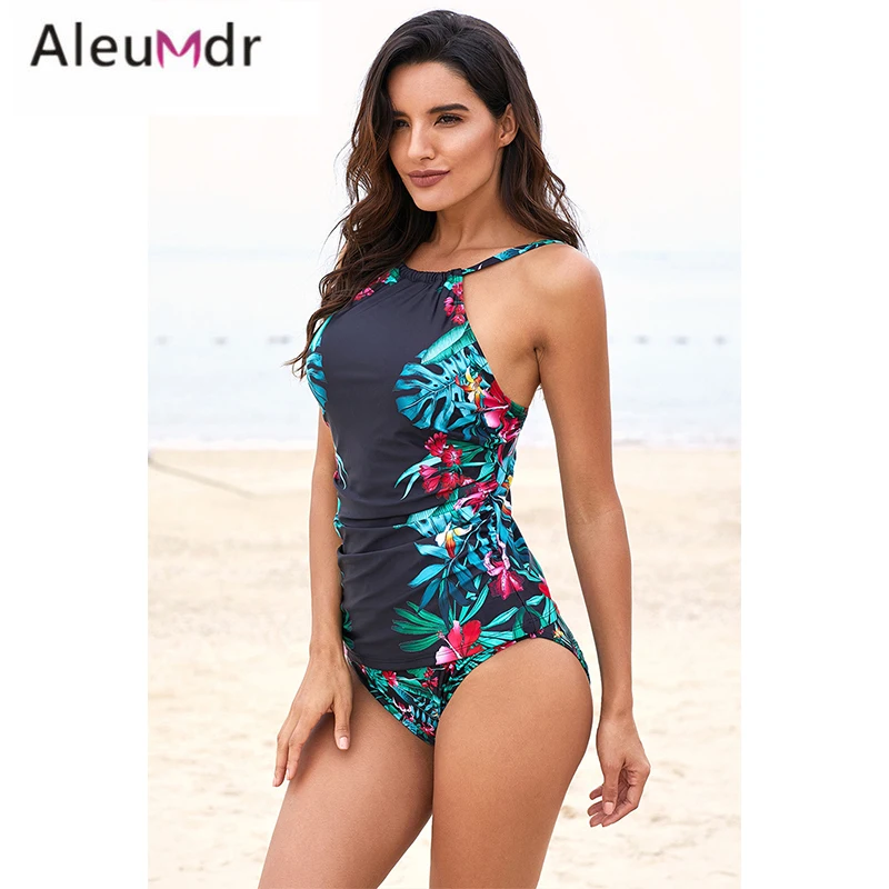 Aleumdr Купальники Белый лист и Цветочный принт Ruched Tankini Установить Два Купальник