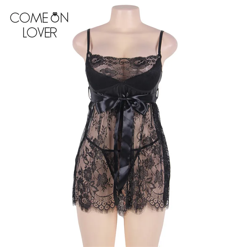 Comeonlover платье+ стринги+ пояс сексуальная одежда для сна нижнее белье черный кружевной Цветочный Эротический пеньюар camisola Сексуальное белье RE80456