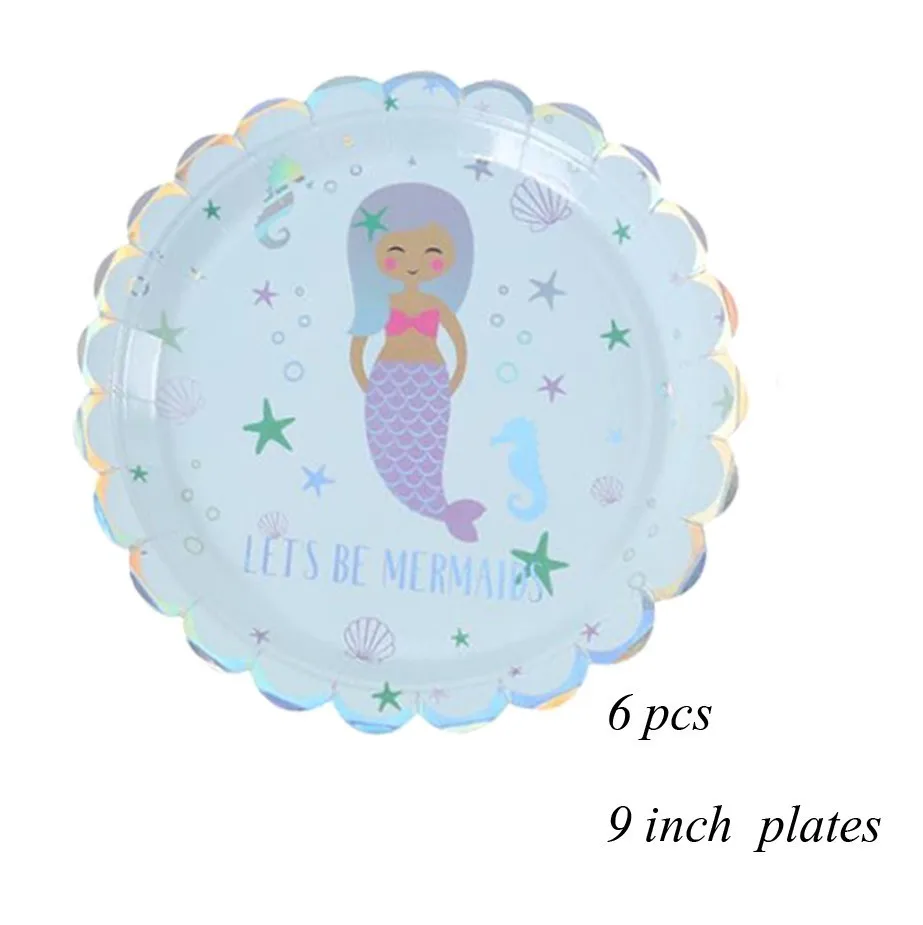 6pcs 9inch plate 1 комплект Русалка Вечерние одноразовые бумажные столовые приборы фиолетовый номер воздушные шары настольные украшения для детей день рождения свадебные принадлежности - Цвет: 6pcs 9inch plate