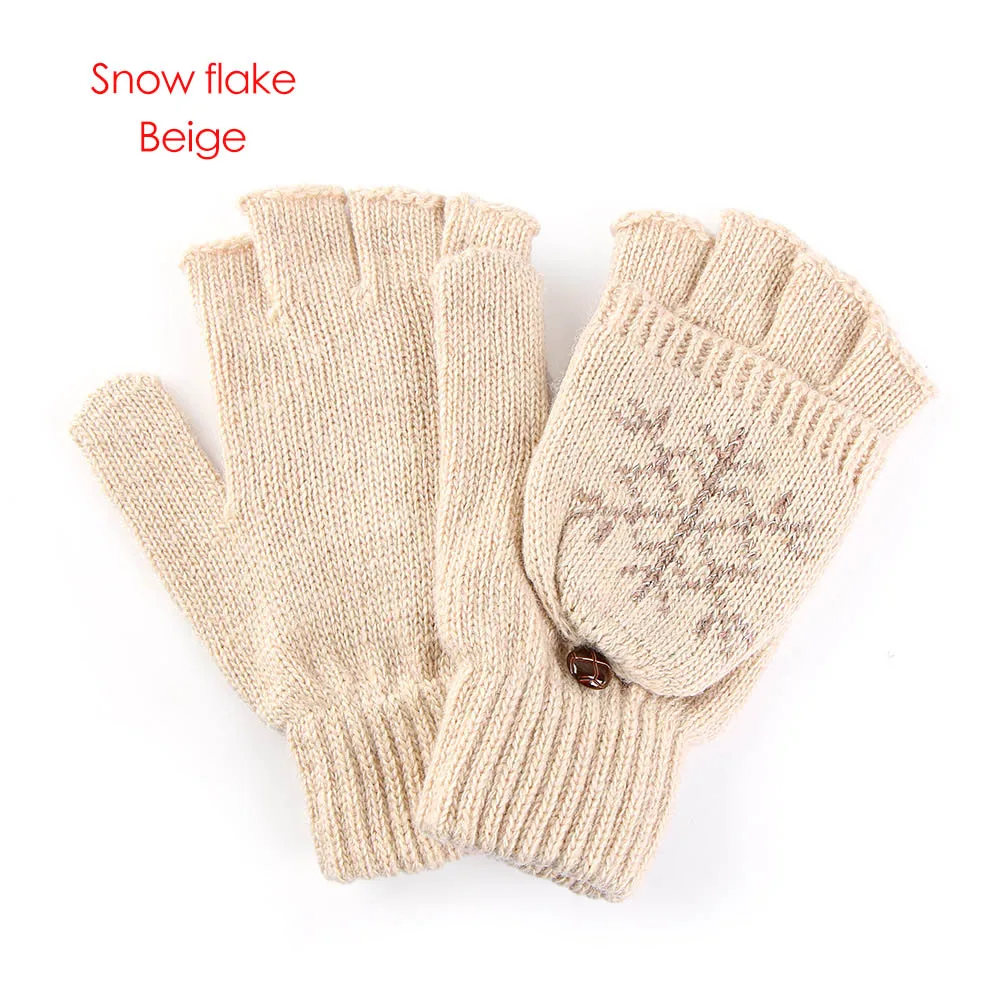 Snow flake beige Женские Модные Рождественские новые зимние теплые перчатки, варежки без пальцев, зимние перчатки из конопли с цветами, снежные перчатки с оленем - Цвет: Snow flake beige