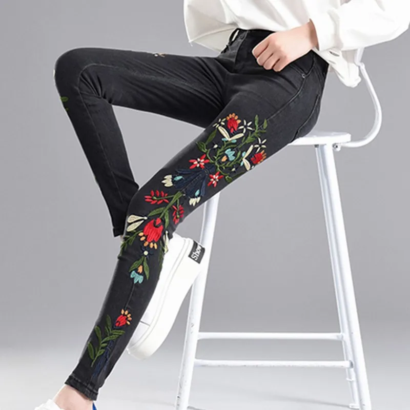 EXOTAO Embroideried зауженные джинсы для Для женщин Высокая талия узкие джинсовые штаны