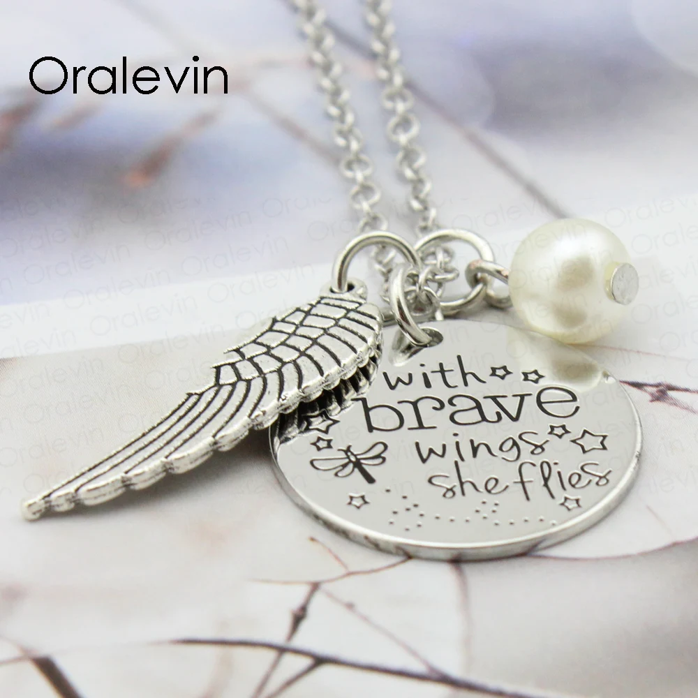 WITH BRAVE WINGS SHE FLIES Inspirational Hand Stamped Quote Angel Wing Necklace Gift Jewelry 10Pcs/Lot #LN2052 | Украшения и