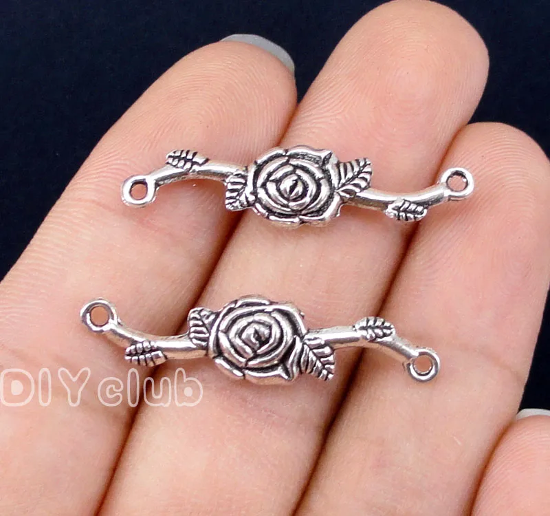 

50pcs-Antique Silver Rose Flowers Connector Charms 2 Sided 34x8mm